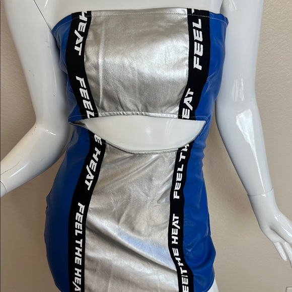 EGO Motorcross Bandeau Silver and Blue Strapless Vegan Leather Mini Dress - Picture 4 of 9